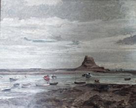 Lotto 109 - Paesaggio con il Castello di Lindisfarne con barche arenate per la bassa marea